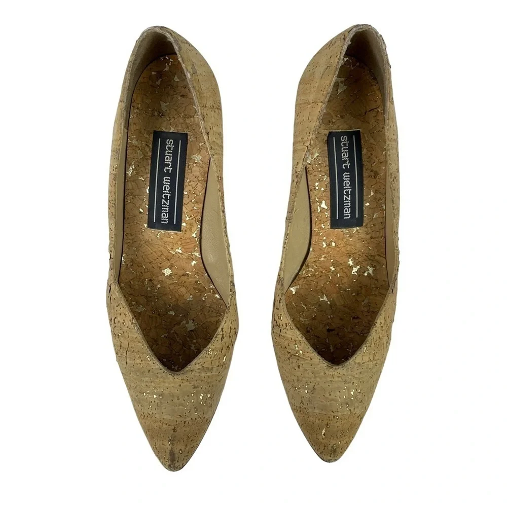 STUART WEITZMAN VINTAGE CORK V CLEAVAGE LEATHER SOLE SCULPTURAL HEEL PUMP HEELS